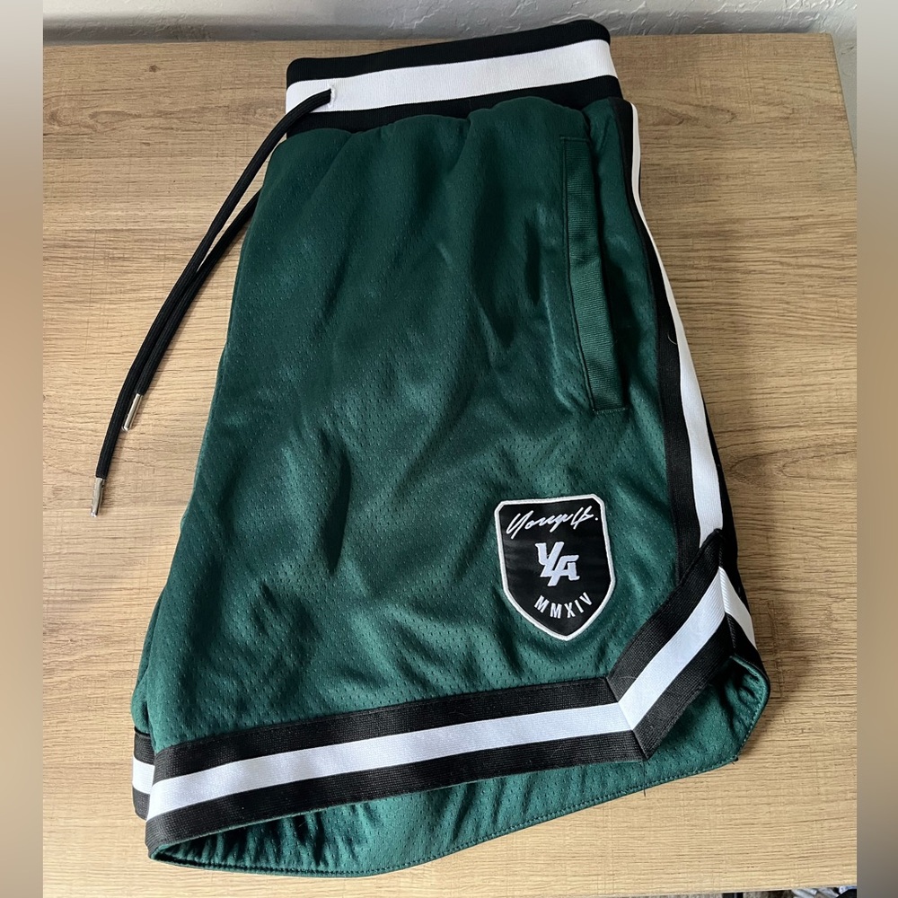 YoungLA Dark Green Athletic Shorts with Black and White Accents
